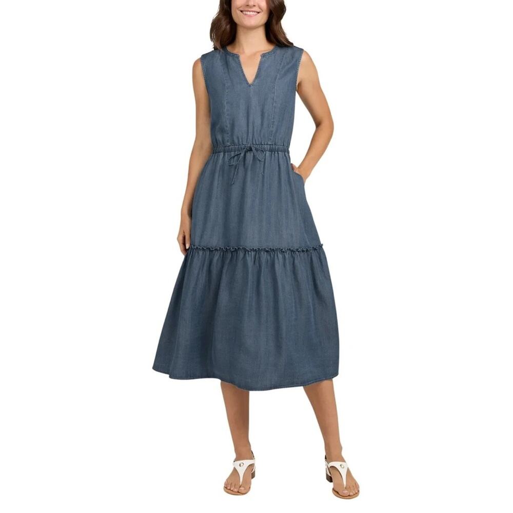 Lands' End Lyocel Tiered Midi Dress Sleeveless Denim Blue Size M